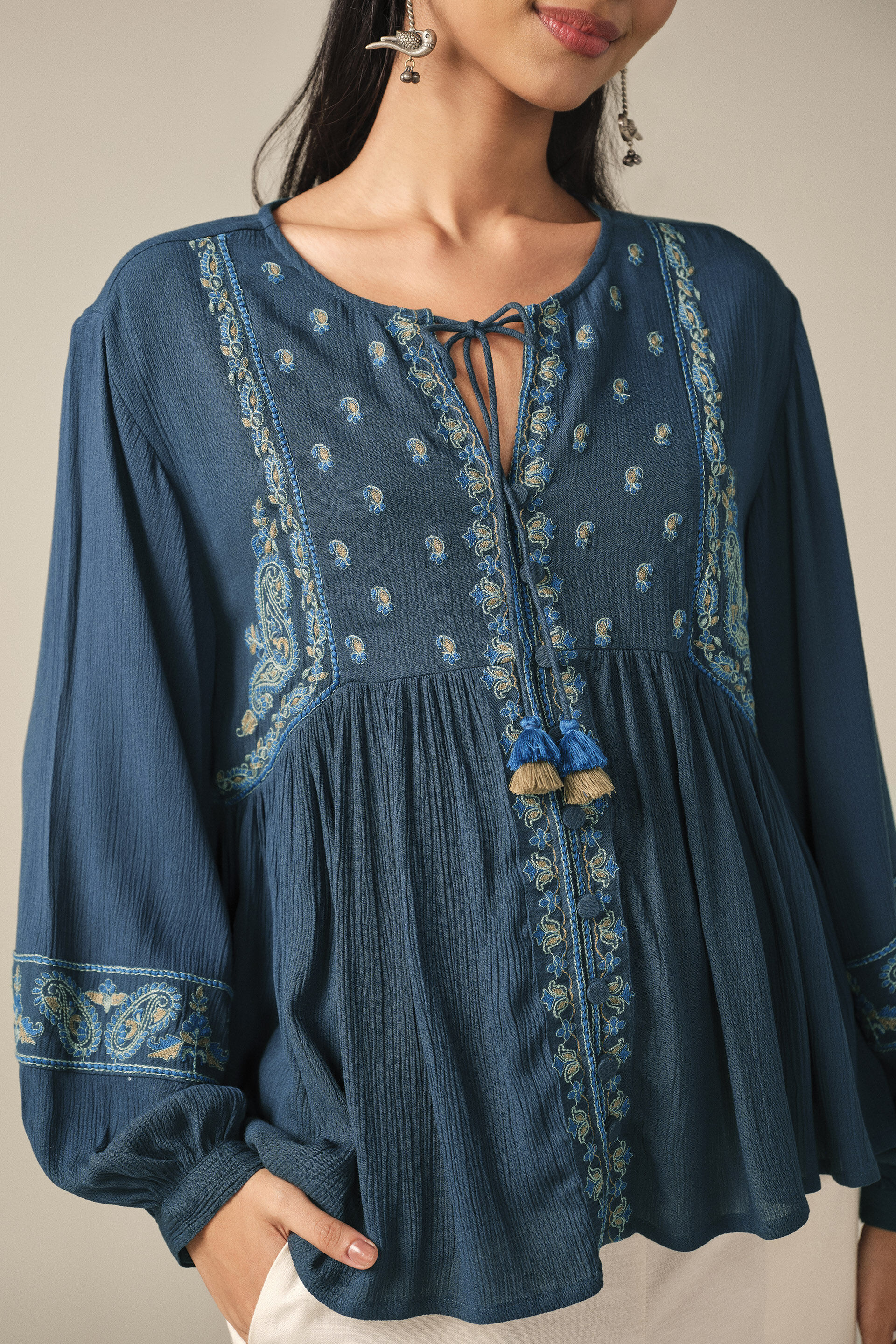 Embroidered Peasant Top in Indigo, Indigo, image 3